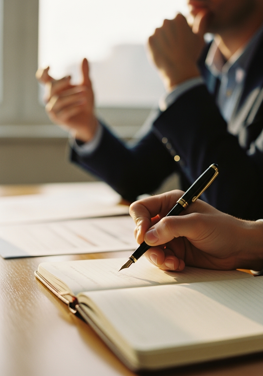 A hand writing notes during an advisory session