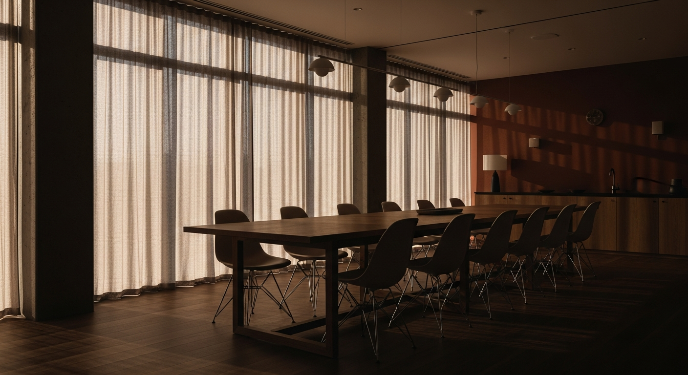 A warm conference room ready for a session