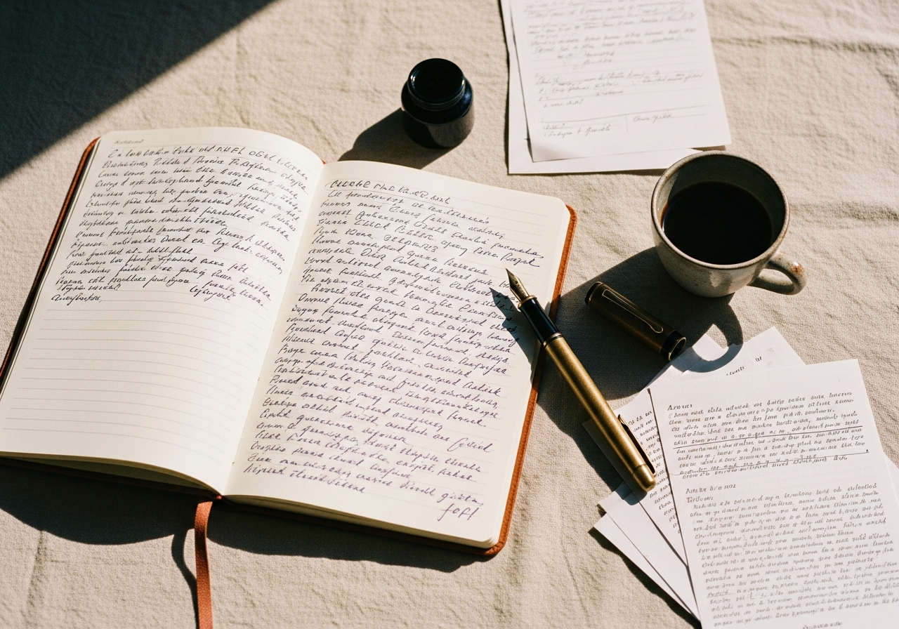 Notebook with handwritten notes, fountain pen, and coffee